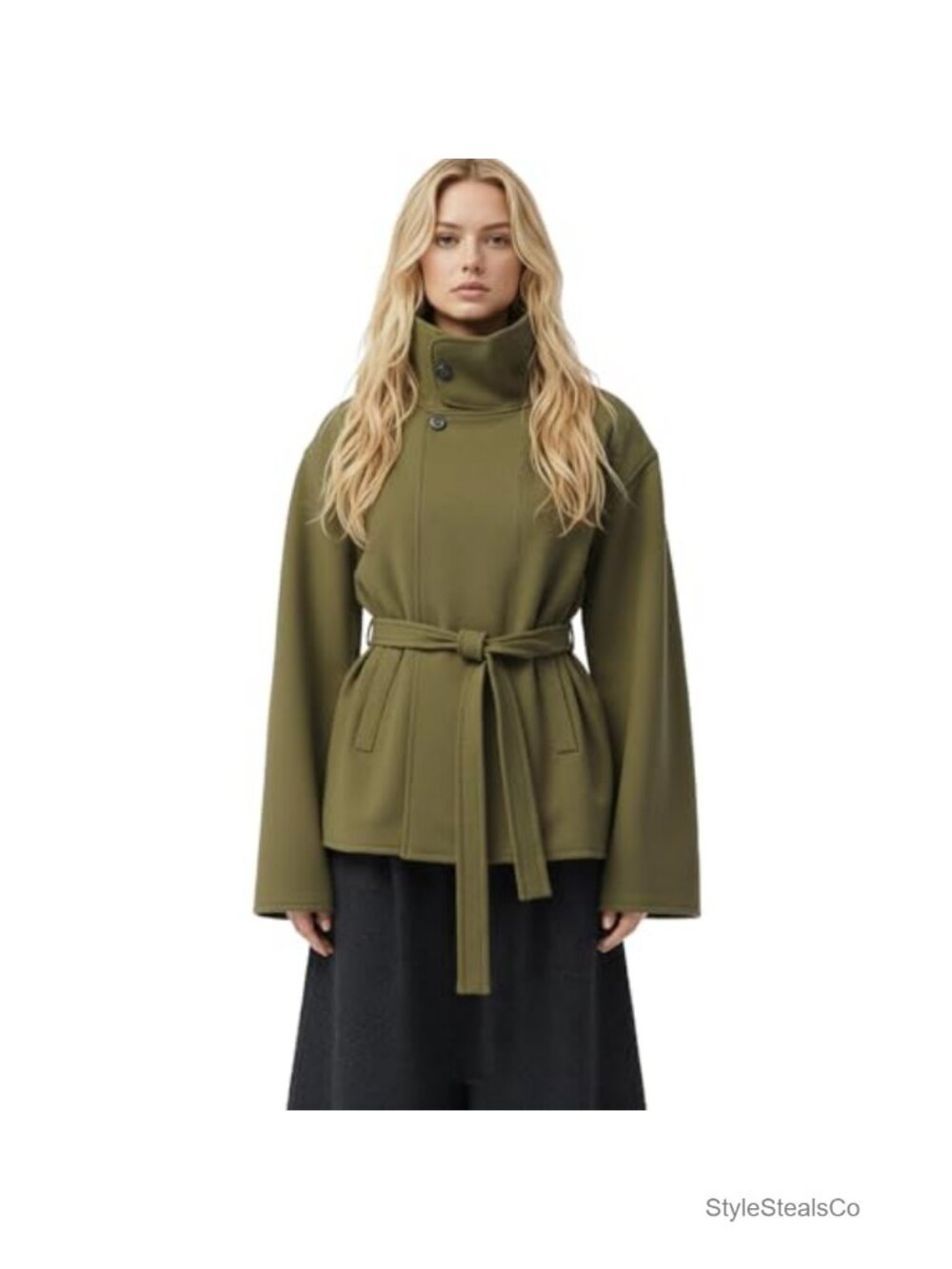 Cropped Trench Coat Womens Funnel Neck Wool Peacoat Oversized Belted Fall Winter